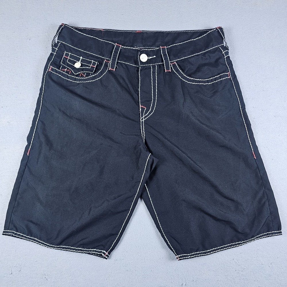 True Religion Boardshorts Mens 33 Black Flap Pockets Swim Surf Trunks 10" Inseam
